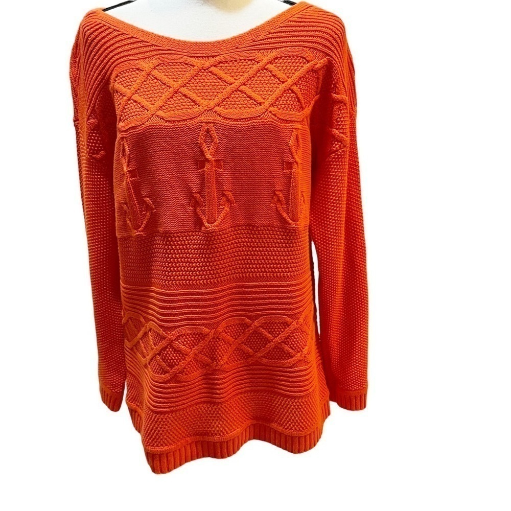 Talbots Orange Cotton Textured Sweater Boat Neck Anchors on Front Sz XL Petite